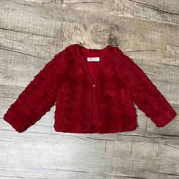 H&M Girls Faux Fur Jacket Cherry Red Furry Outerwear Coat Size 2-4 years Casual - Picture 1 of 10